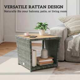 Outsunny Side Table 2-Tier Outdoor Coffee Table with Storage Shelf PS Wood Slat Top/Light Grey - thumbnail 8