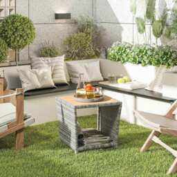 Outsunny Side Table 2-Tier Outdoor Coffee Table with Storage Shelf PS Wood Slat Top/Light Grey - thumbnail 2