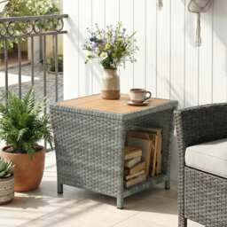 Outsunny Side Table 2-Tier Outdoor Coffee Table with Storage Shelf PS Wood Slat Top/Light Grey - thumbnail 9