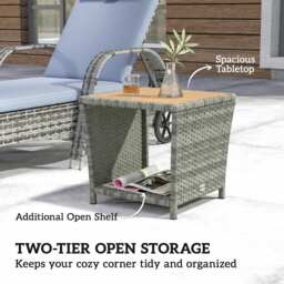 Outsunny Side Table 2-Tier Outdoor Coffee Table with Storage Shelf PS Wood Slat Top/Light Grey - thumbnail 4
