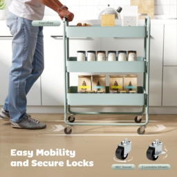 HOMCOM 3-Tier Storage Trolley on Wheels, Rolling Utility Cart with Mesh Backets for Kitchen, Bathroom, Bedroom, Light Green - thumbnail 5
