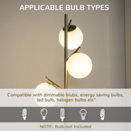 HOMCOM 3-Light Tree Floor Lamps for Living Room, Modern Standing Lamp for Bedroom with Globe Lampshade, Steel Base, (Bulb not Included), Silver - thumbnail 6