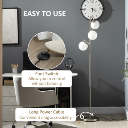 HOMCOM 3-Light Tree Floor Lamps for Living Room, Modern Standing Lamp for Bedroom with Globe Lampshade, Steel Base, (Bulb not Included), Silver - thumbnail 5