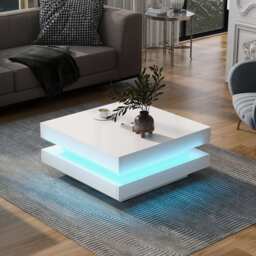 High Gloss Lift Top Coffee Table with Rotating Top and 16-Colour LED Light,  Square 2-Tier Storage Modern Center Table, 70x70x36 cm, White - Aosom UK - thumbnail 9