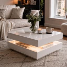 High Gloss Lift Top Coffee Table with Rotating Top and 16-Colour LED Light,  Square 2-Tier Storage Modern Center Table, 70x70x36 cm, White - Aosom UK