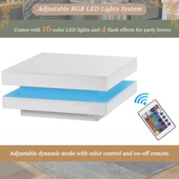 High Gloss Lift Top Coffee Table with Rotating Top and 16-Colour LED Light,  Square 2-Tier Storage Modern Center Table, 70x70x36 cm, White - Aosom UK - thumbnail 6