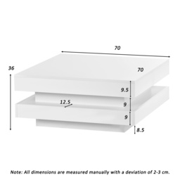 High Gloss Lift Top Coffee Table with Rotating Top and 16-Colour LED Light,  Square 2-Tier Storage Modern Center Table, 70x70x36 cm, White - Aosom UK - thumbnail 3
