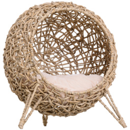 PawHut Hooded Rattan Wicker Elevated Cat House Kitten Pussy Basket Ball Shaped Bed Pet Furniture with Removable Cushion Natural - thumbnail 1
