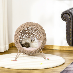 PawHut Hooded Rattan Wicker Elevated Cat House Kitten Pussy Basket Ball Shaped Bed Pet Furniture with Removable Cushion Natural - thumbnail 2