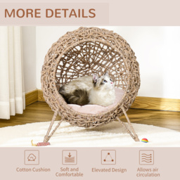 PawHut Hooded Rattan Wicker Elevated Cat House Kitten Pussy Basket Ball Shaped Bed Pet Furniture with Removable Cushion Natural - thumbnail 6