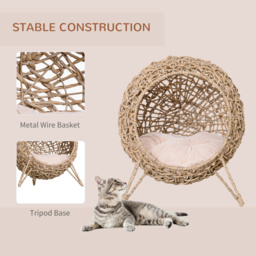 PawHut Hooded Rattan Wicker Elevated Cat House Kitten Pussy Basket Ball Shaped Bed Pet Furniture with Removable Cushion Natural - thumbnail 5