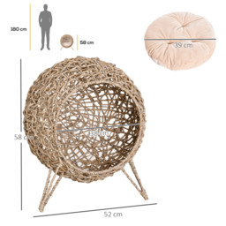 PawHut Hooded Rattan Wicker Elevated Cat House Kitten Pussy Basket Ball Shaped Bed Pet Furniture with Removable Cushion Natural - thumbnail 3