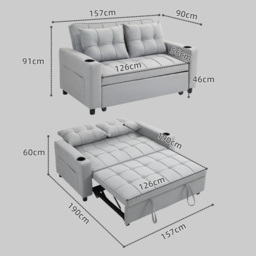 HOMCOM Two-Seater Pull-Out Sofa Bed, Cat Scratch Resistant, Light Grey - Aosom UK - thumbnail 3