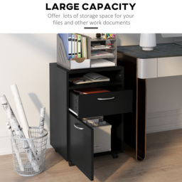 HOMCOM Mobile Storage Cabinet: Office Home Organiser with Drawer, Open Shelf, Metal Handles, 4 Wheels, Black - Aosom UK - thumbnail 4