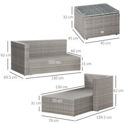 Outsunny PE Rattan Sofa Set Rattan Corner Sofa, 3 Pieces Outdoor Patio Wicker Conversation Chaise Lounge w/ Tempered Glass Table-top & Cushion Grey - thumbnail 3
