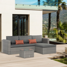 Outsunny PE Rattan Sofa Set Rattan Corner Sofa, 3 Pieces Outdoor Patio Wicker Conversation Chaise Lounge w/ Tempered Glass Table-top & Cushion Grey - thumbnail 2