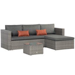 Outsunny PE Rattan Sofa Set Rattan Corner Sofa, 3 Pieces Outdoor Patio Wicker Conversation Chaise Lounge w/ Tempered Glass Table-top & Cushion Grey - thumbnail 1