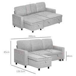 HOMCOM Pull Out Sofa Bed with Storage, 4 Seater Sofa Bed with Reversible Chaise and Side Pockets, Scratch Anti, Light Grey - Aosom UK - thumbnail 3