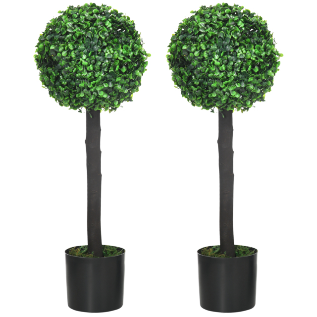 HOMCOM Artificial Boxwood Topiary Balls Set of 2: Faux Plants in Pots, Indoor Outdoor Decor, 20x20x60cm, Green. - Aosom UK - image 1