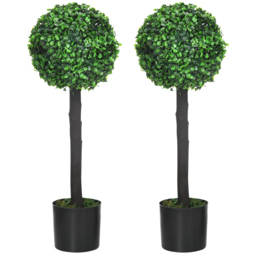 HOMCOM Artificial Boxwood Topiary Balls Set of 2: Faux Plants in Pots, Indoor Outdoor Decor, 20x20x60cm, Green. - Aosom UK - thumbnail 1
