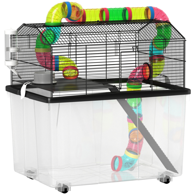 PawHut 2 Tier Hamster Cage with 31cm Deep Tray, Tube System, Water Bottle, Ramp, Feeding Bowl, 58 x 43 x 57cm, Multicolour - image 1