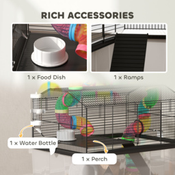 PawHut 2 Tier Hamster Cage with 31cm Deep Tray, Tube System, Water Bottle, Ramp, Feeding Bowl, 58 x 43 x 57cm, Multicolour - thumbnail 7