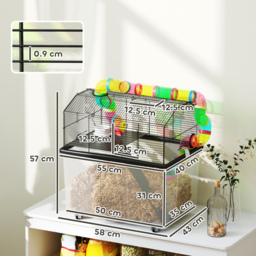 PawHut 2 Tier Hamster Cage with 31cm Deep Tray, Tube System, Water Bottle, Ramp, Feeding Bowl, 58 x 43 x 57cm, Multicolour - thumbnail 3