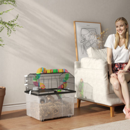 PawHut 2 Tier Hamster Cage with 31cm Deep Tray, Tube System, Water Bottle, Ramp, Feeding Bowl, 58 x 43 x 57cm, Multicolour - thumbnail 2