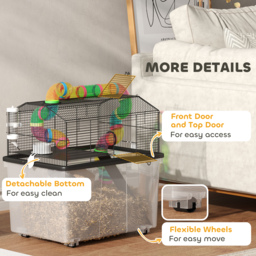 PawHut 2 Tier Hamster Cage with 31cm Deep Tray, Tube System, Water Bottle, Ramp, Feeding Bowl, 58 x 43 x 57cm, Multicolour - thumbnail 8