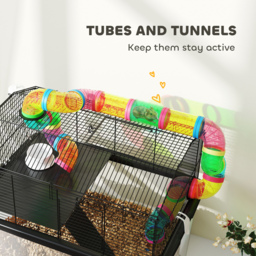 PawHut 2 Tier Hamster Cage with 31cm Deep Tray, Tube System, Water Bottle, Ramp, Feeding Bowl, 58 x 43 x 57cm, Multicolour - thumbnail 6