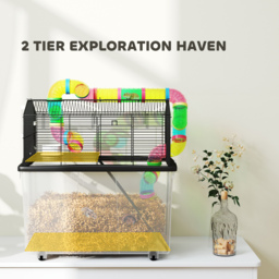 PawHut 2 Tier Hamster Cage with 31cm Deep Tray, Tube System, Water Bottle, Ramp, Feeding Bowl, 58 x 43 x 57cm, Multicolour - thumbnail 4
