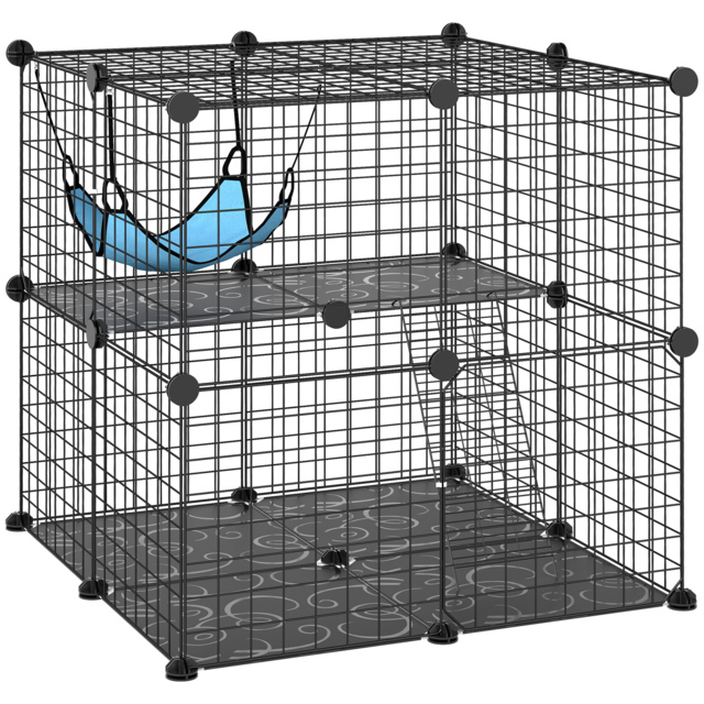 PawHut Indoor Cat Cage DIY Customizable 2-Tier Indoor Cat Enclosure with 2 Doors and Hammock 70 cm Black - image 1