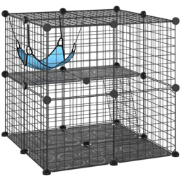 PawHut Indoor Cat Cage DIY Customizable 2-Tier Indoor Cat Enclosure with 2 Doors and Hammock 70 cm Black - thumbnail 1