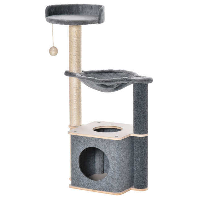 PawHut Cat Tower, 95cm Climbing Kitten Activity Centre with Sisal Scratching Posts, Perch, Spacious Condo, and Hammock, Grey - Aosom UK - image 1
