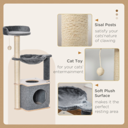 PawHut Cat Tower, 95cm Climbing Kitten Activity Centre with Sisal Scratching Posts, Perch, Spacious Condo, and Hammock, Grey - Aosom UK - thumbnail 5