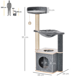 PawHut Cat Tower, 95cm Climbing Kitten Activity Centre with Sisal Scratching Posts, Perch, Spacious Condo, and Hammock, Grey - Aosom UK - thumbnail 3