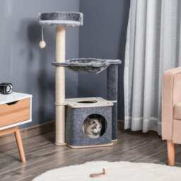 PawHut Cat Tower, 95cm Climbing Kitten Activity Centre with Sisal Scratching Posts, Perch, Spacious Condo, and Hammock, Grey - Aosom UK - thumbnail 2