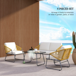 Outsunny 4 Piece Rattan Garden Furniture Set, Wicker Patio Outdoor Furniture Set with Armchairs, Cushions for Conservatory, Balcony, Natural Wood - thumbnail 4