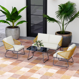 Outsunny 4 Piece Rattan Garden Furniture Set, Wicker Patio Outdoor Furniture Set with Armchairs, Cushions for Conservatory, Balcony, Natural Wood - thumbnail 9