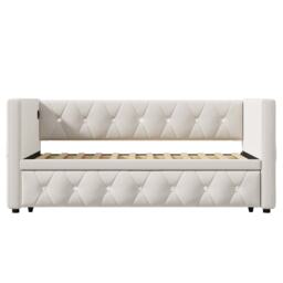 3 Seater Upholstered Bed, Pull Out Sofa Bed with Removable Trundle & Fast Charging Ports, Velvet Fabric, Beige - Aosom UK - thumbnail 2