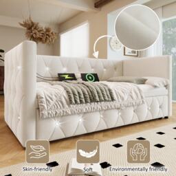 3 Seater Upholstered Bed, Pull Out Sofa Bed with Removable Trundle & Fast Charging Ports, Velvet Fabric, Beige - Aosom UK - thumbnail 4