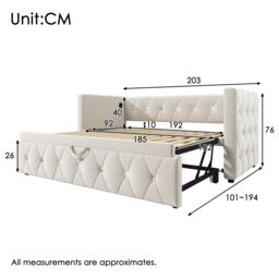3 Seater Upholstered Bed, Pull Out Sofa Bed with Removable Trundle & Fast Charging Ports, Velvet Fabric, Beige - Aosom UK - thumbnail 3