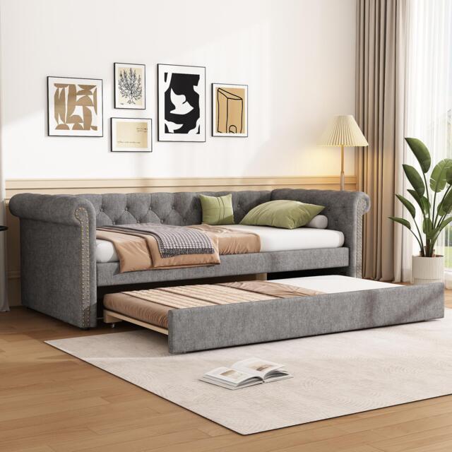 Upholstered Single Daybed Sofa Bed with Slatted Base, Convertible Bed-to-Sofa with Padded Velvet Headboard, 221L x 98.5W x 71.5H cm, Grey - Aosom UK - image 1