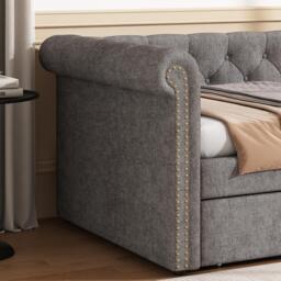Upholstered Single Daybed Sofa Bed with Slatted Base, Convertible Bed-to-Sofa with Padded Velvet Headboard, 221L x 98.5W x 71.5H cm, Grey - Aosom UK - thumbnail 6