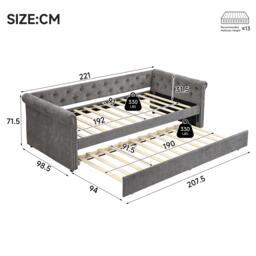 Upholstered Single Daybed Sofa Bed with Slatted Base, Convertible Bed-to-Sofa with Padded Velvet Headboard, 221L x 98.5W x 71.5H cm, Grey - Aosom UK - thumbnail 3