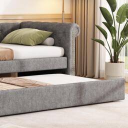Upholstered Single Daybed Sofa Bed with Slatted Base, Convertible Bed-to-Sofa with Padded Velvet Headboard, 221L x 98.5W x 71.5H cm, Grey - Aosom UK - thumbnail 9