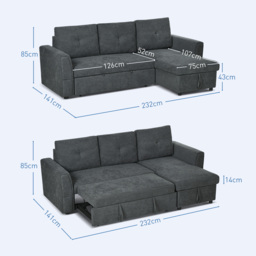 HOMCOM 3 Seater Sofa Bed, Pull Out Sofa Bed with Larger Bed Size & Thicker Cushion Padding, Corner Sofa Bed with Storage, Dark Grey - Aosom UK - thumbnail 3