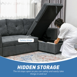 HOMCOM 3 Seater Sofa Bed, Pull Out Sofa Bed with Larger Bed Size & Thicker Cushion Padding, Corner Sofa Bed with Storage, Dark Grey - Aosom UK - thumbnail 5