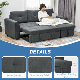 HOMCOM 3 Seater Sofa Bed, Pull Out Sofa Bed with Larger Bed Size & Thicker Cushion Padding, Corner Sofa Bed with Storage, Dark Grey - Aosom UK - thumbnail 6