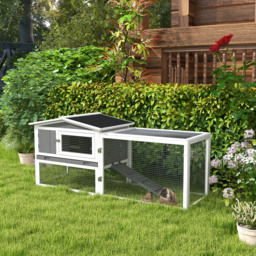 PawHut Rabbit Hutch and Run Outdoor Bunny Cage Wooden Guinea Pig Hide House with Sliding Tray, Hay Rack, Ramp, 156 x 58 x 68cm, Grey - thumbnail 2